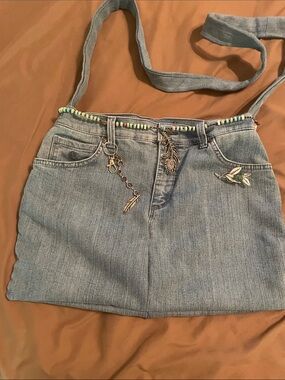 Handcrafted denim crossbody bag with Beaded and Feather embellishments 13x17